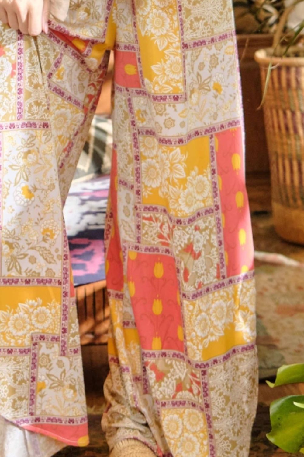 And The Why Printed Smocking Waist Side Slit Wide Leg Pants *