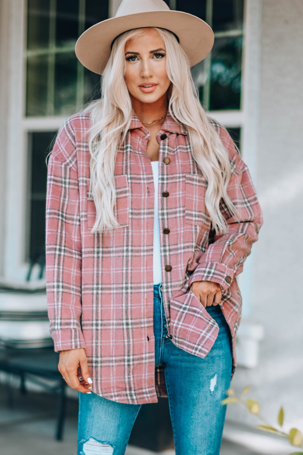 Aaarti&Destiny Full Size Plaid Curved Hem Dropped Shoulder Longline Shirt Jacket