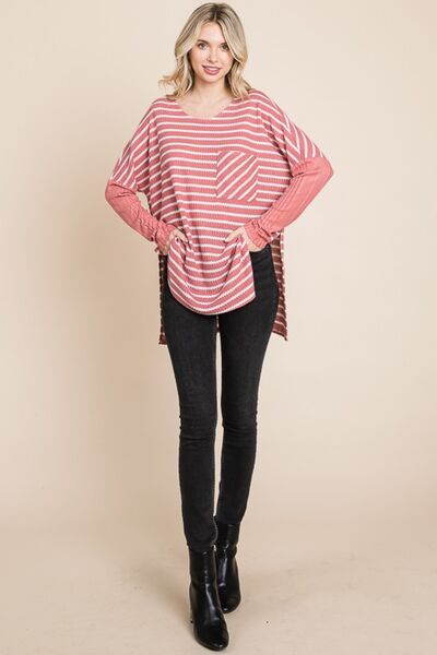 Culture Code Oversize Striped Round Neck Long Sleeve Slit T-Shirt *