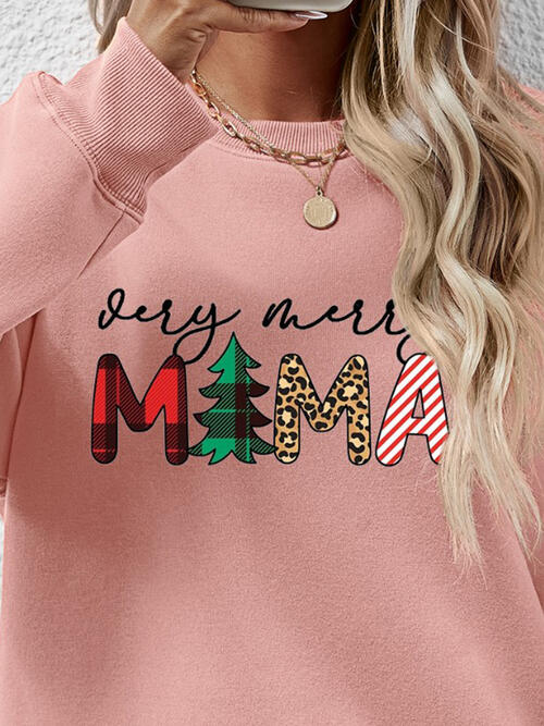 Christmas Themed VERY MERRY MAMA Letter Graphic Round Neck Long Sleeve Sweatshirt