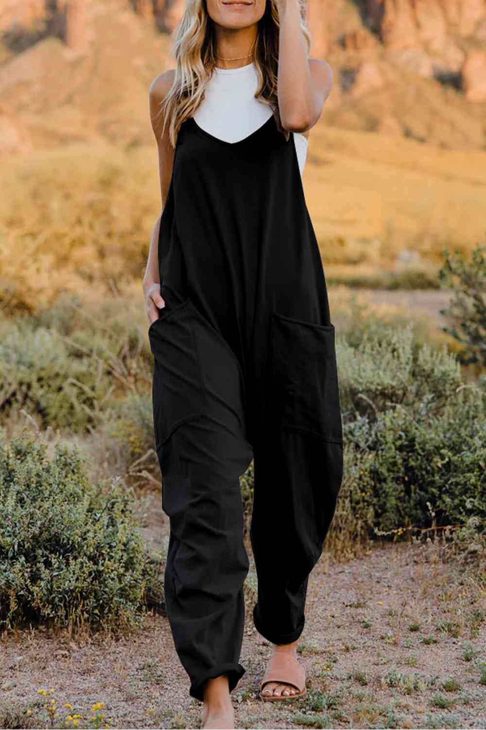 Double Take Full Size V-Neck Sleeveless Jumpsuit with Pockets *