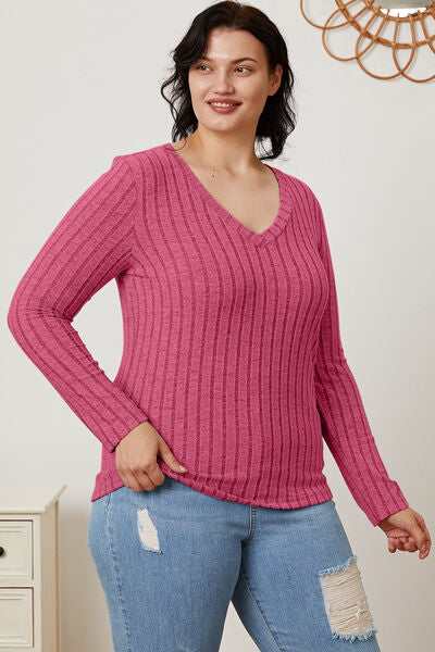 Basic Bae Full Size Ribbed V-Neck Long Sleeve T-Shirt *