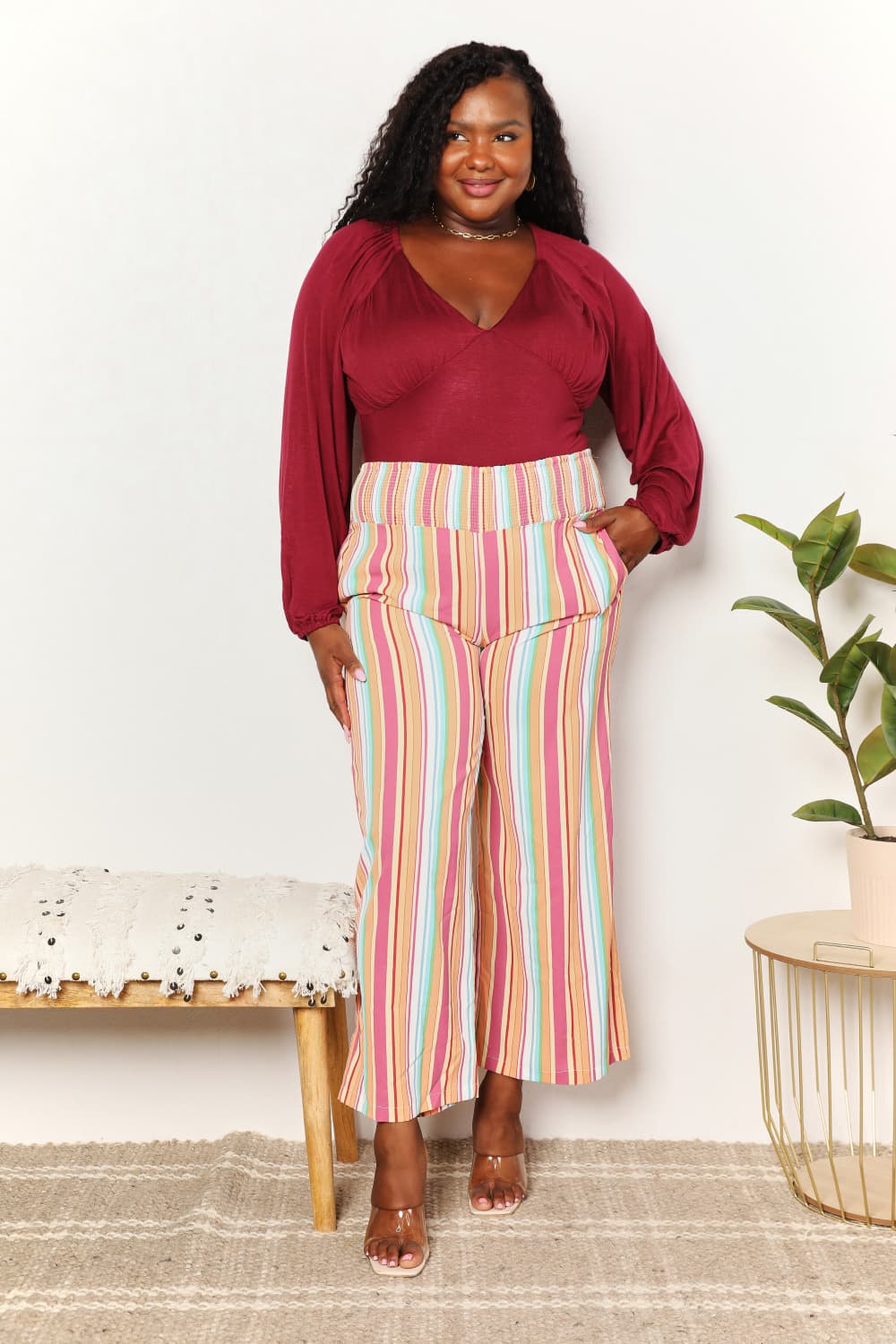 Double Take Striped Smocked Waist Pants with Pockets *