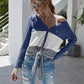 Twisted Waffle-knit Color Block Buttoned Blouse