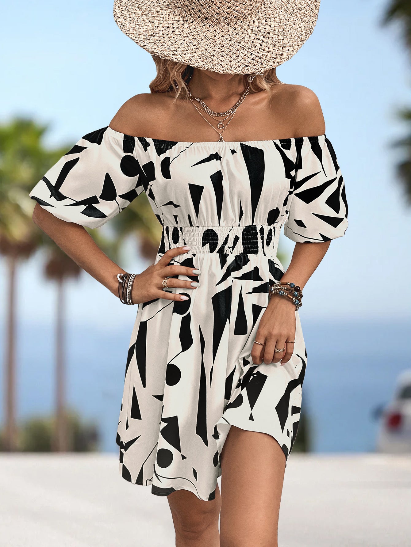 SO SASSY Printed Off-Shoulder Smocked Waist Dress