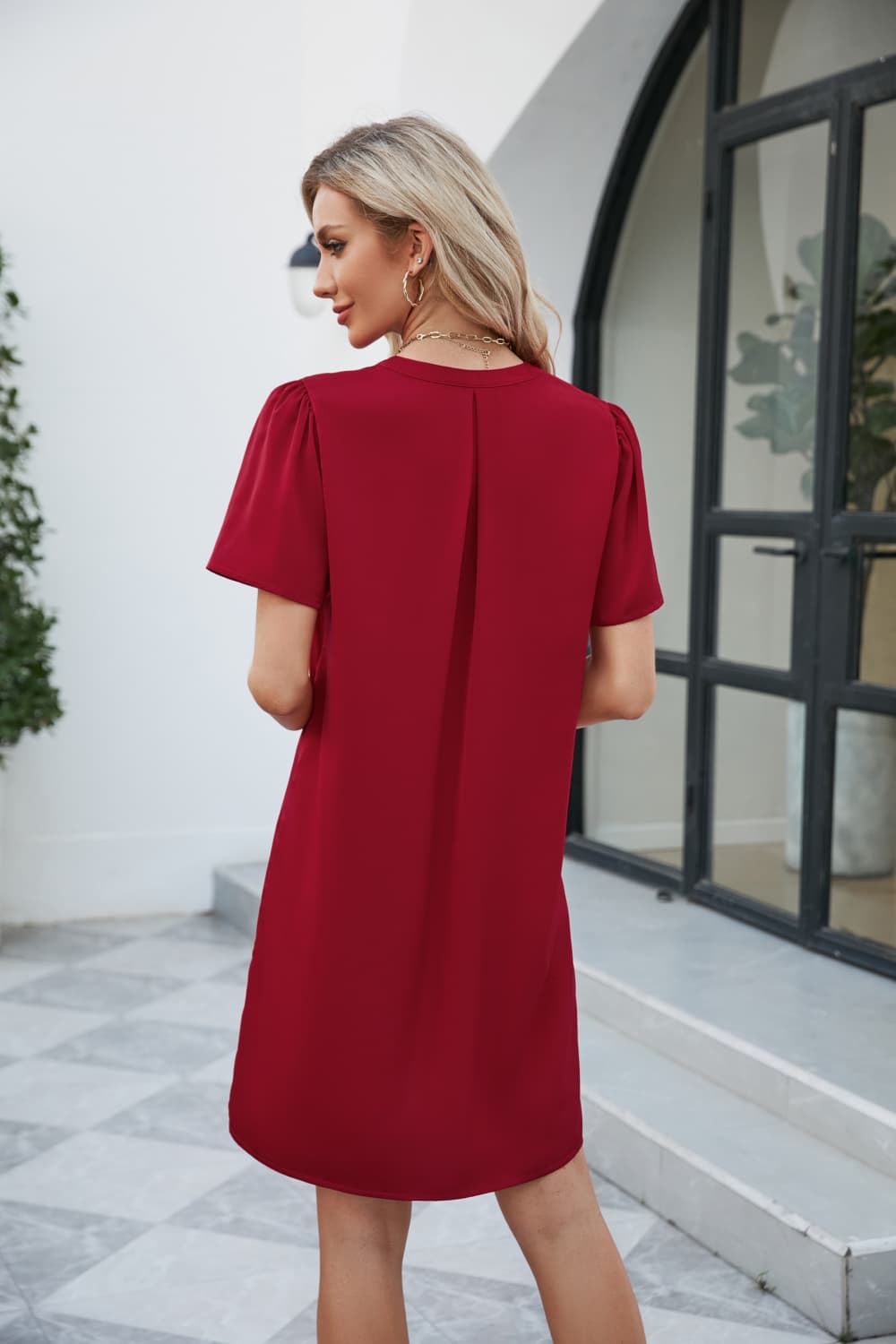 Full Size Notched Puff Sleeve Shift Dress