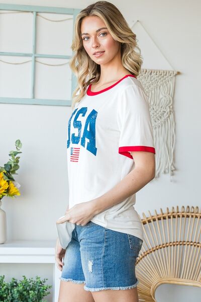 Heimish Full Size USA Contrast Trim Short Sleeve T-Shirt *