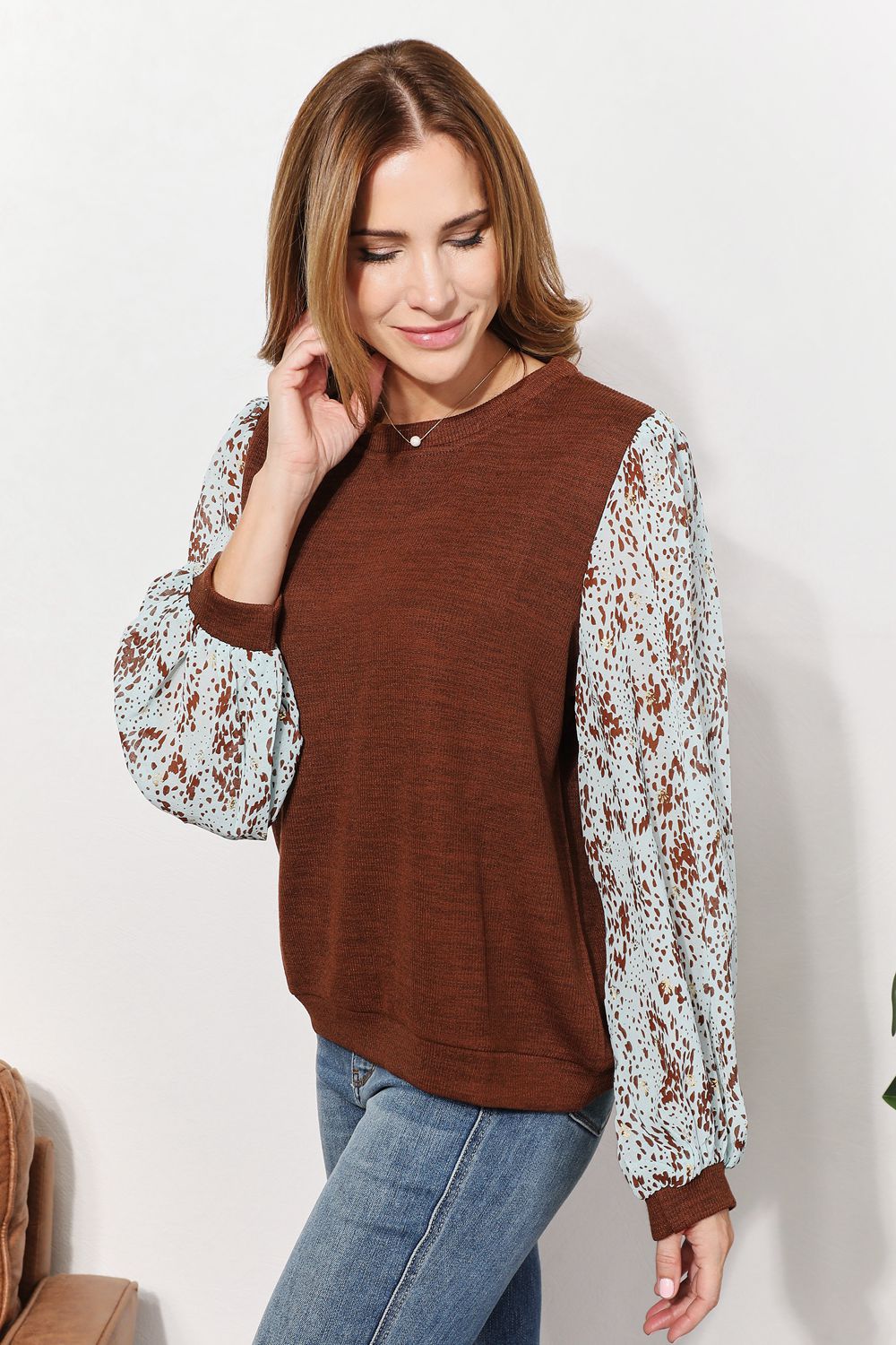 And The Why Chestnut Brown Full Size Foil Printed Sleeve Top *