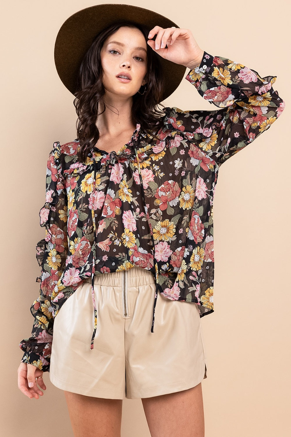 Ces Femme Ruffle Trim Long Sleeve Floral Blouse *
