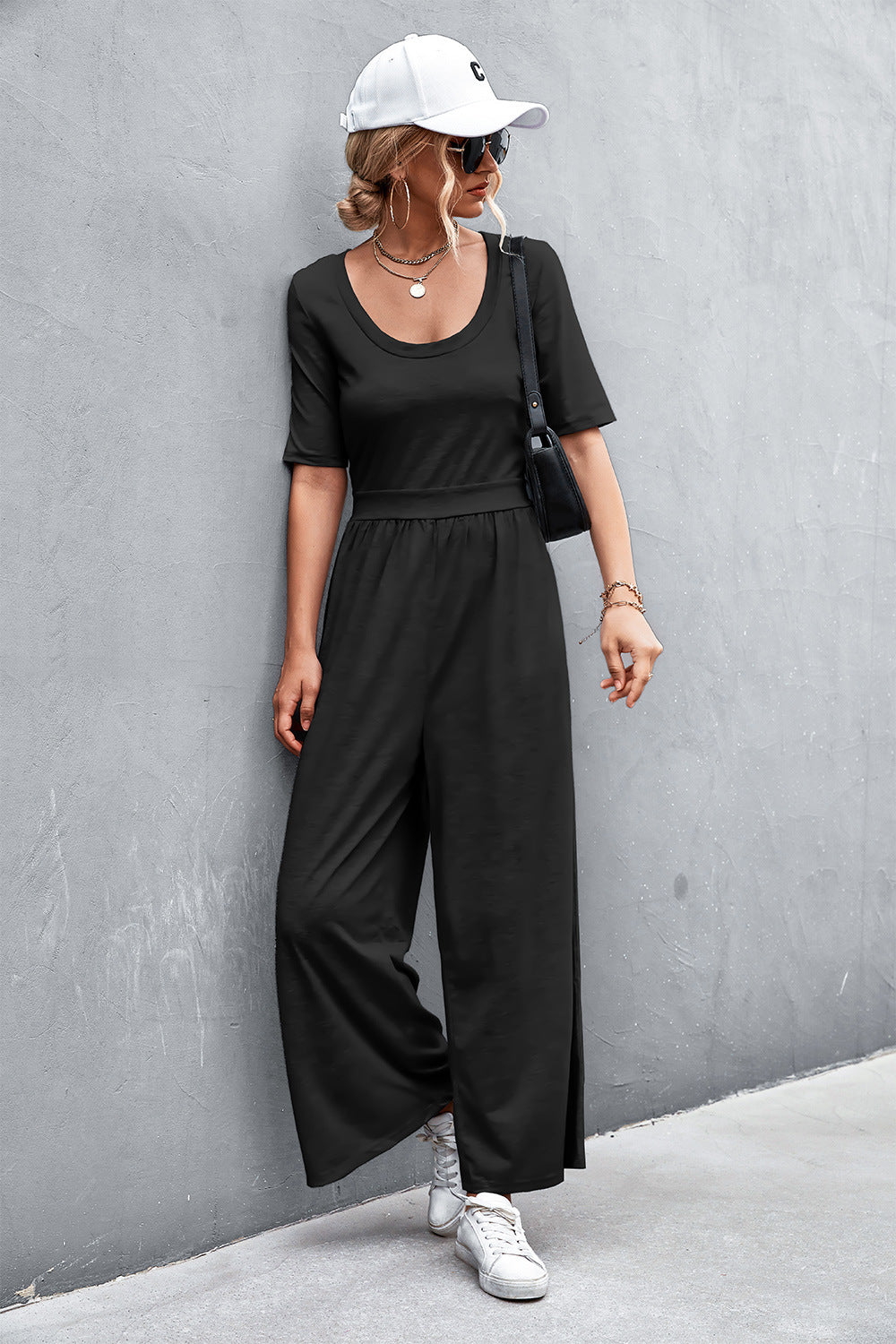 Women's Scoop Neck Half Sleeve Wide Leg Jumpsuit