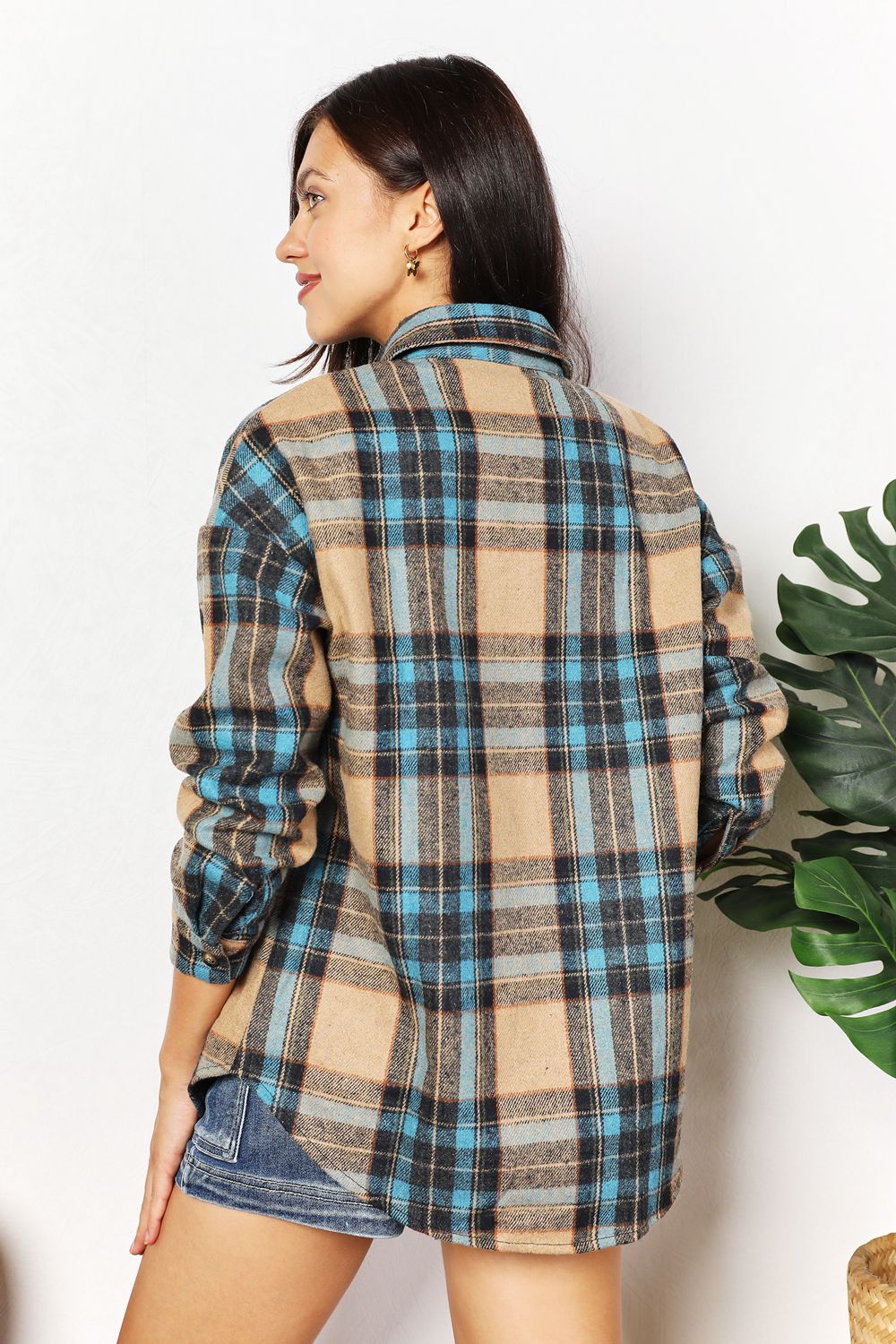 Double Take Full Size Plaid Curved Hem Shirt Jacket with Breast Pockets *