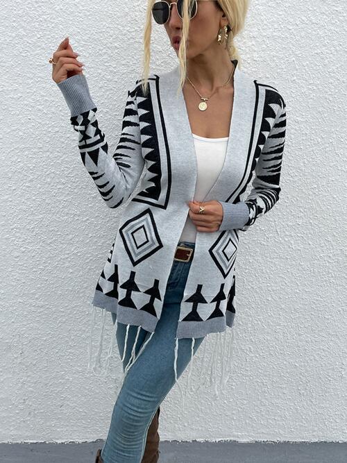 Comfy Connections Cloudy Blue Geometric Fringe Hem Open Front Cardigan