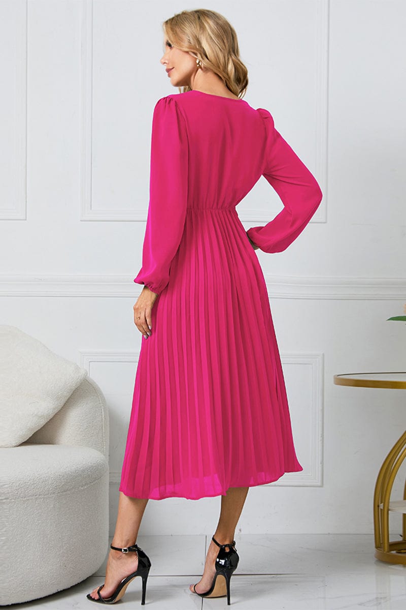 Full Size V-Neck Long Sleeve Tie Waist Midi Dress