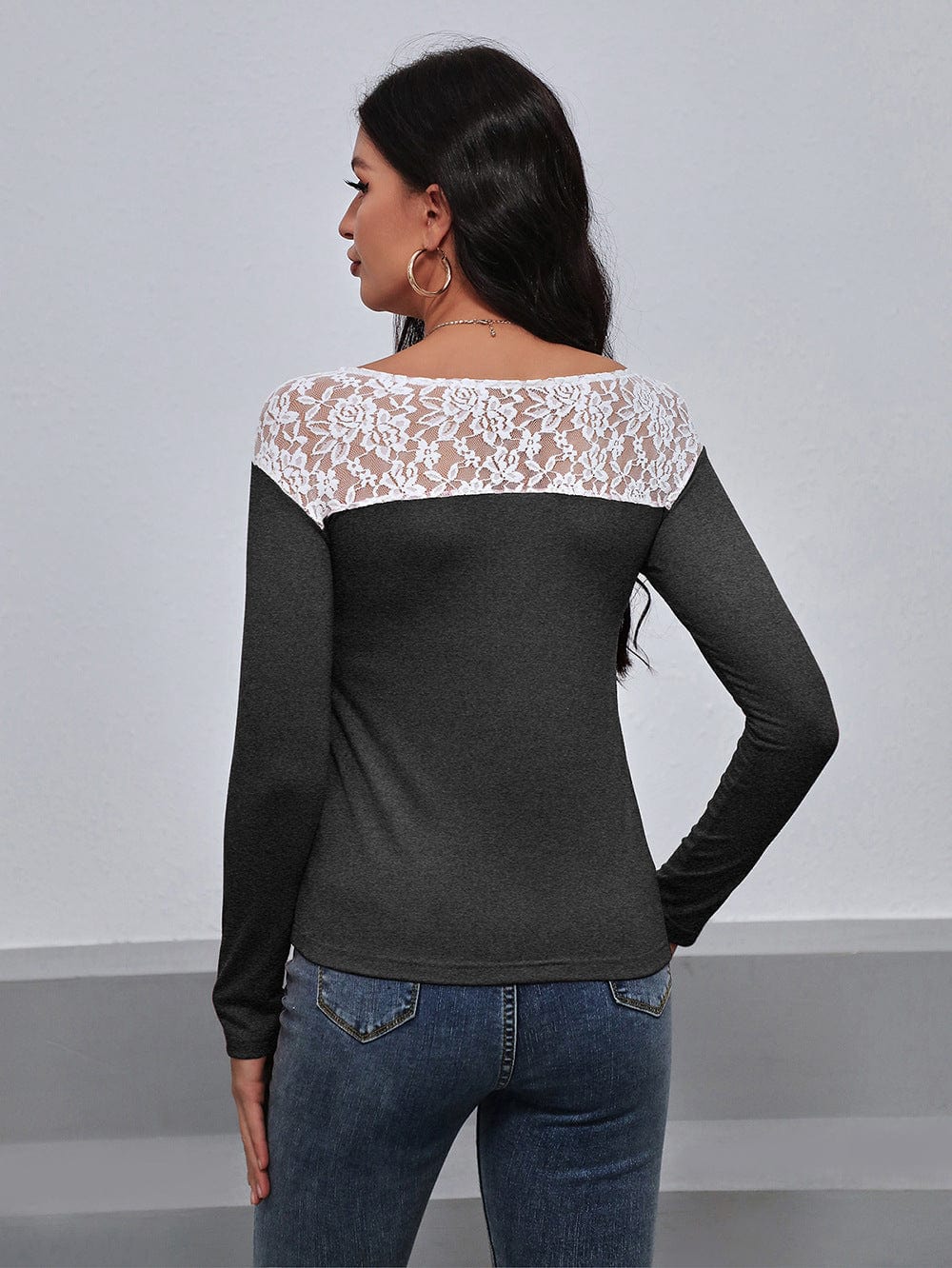 Lace Trim Long Sleeve Round Neck Tee