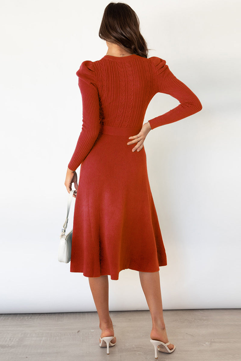 Full Size Round Neck Long Sleeve Tie Waist Sweater Dress