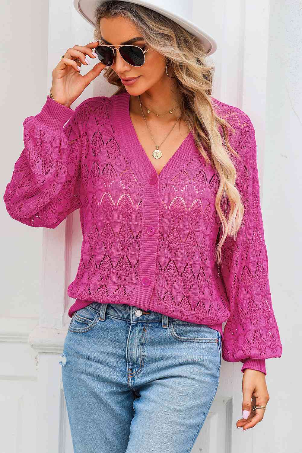 Full Size Openwork V-Neck Cardigan