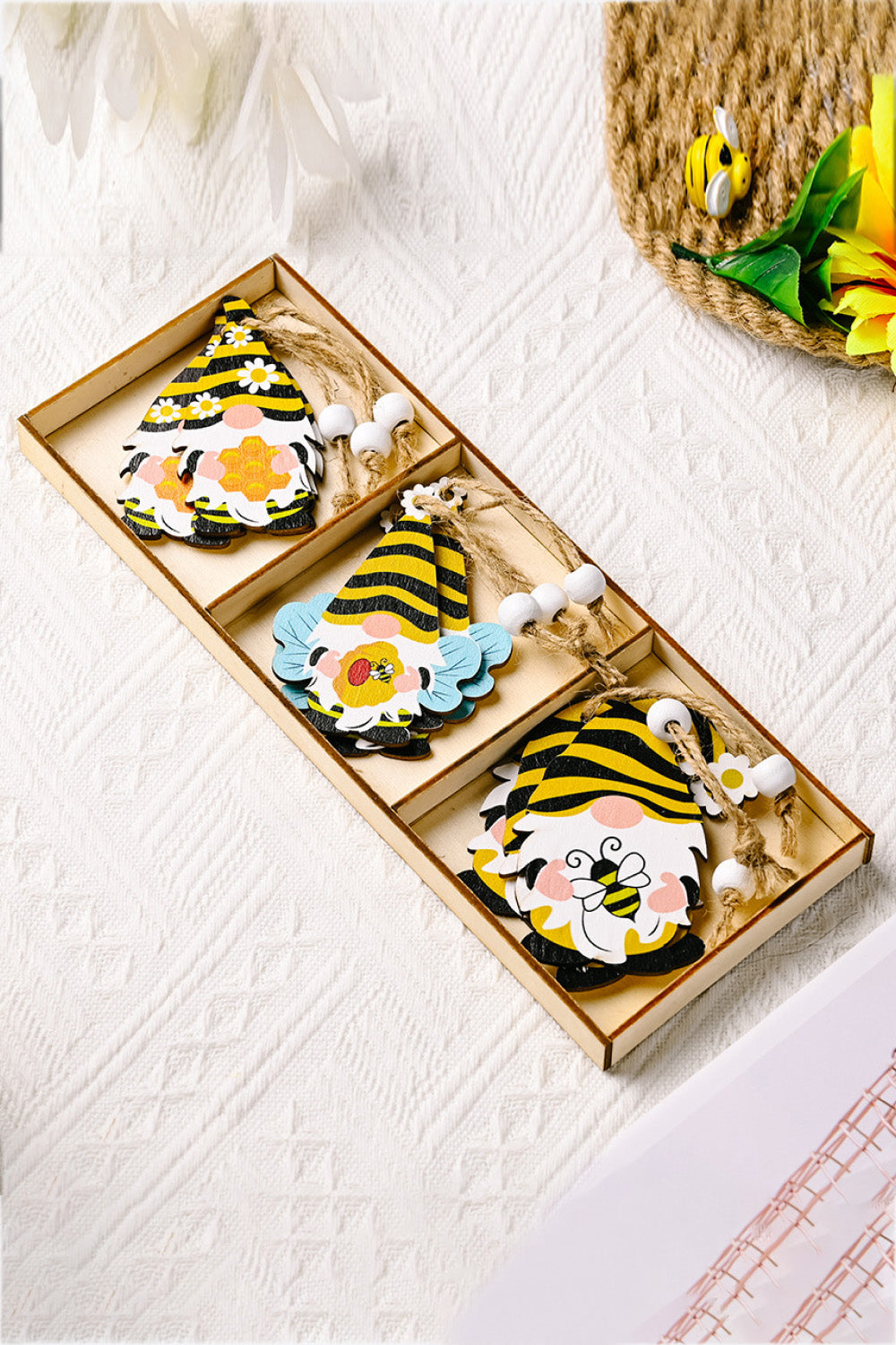 Hanging 3-Pack Bee Themed Wood Gnome Ornaments