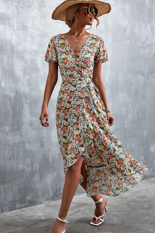 Full Size Floral Surplice Neck Tied Midi Dress