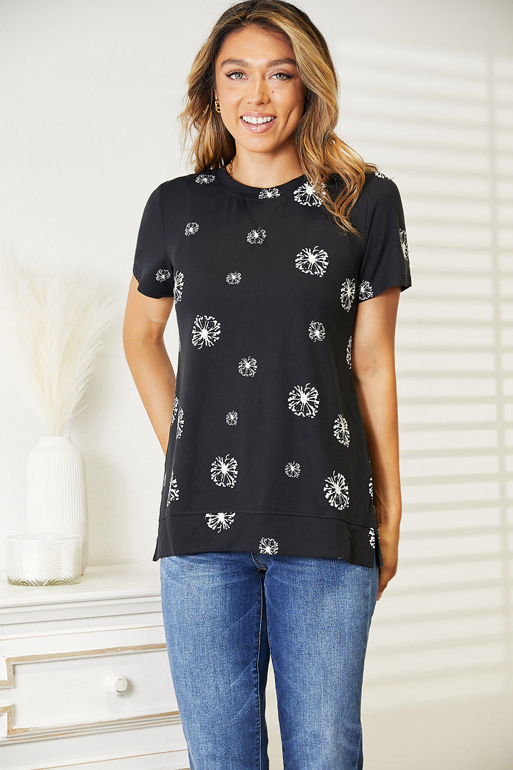 Double Take Black Full Size Dandelion Print Round Neck T-Shirt *