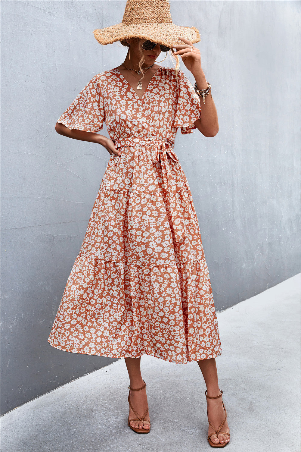 Women's Printed V-Neck Flutter Sleeve Belted Dress