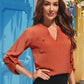 Red Orange Notched Neck Long Sleeve Top