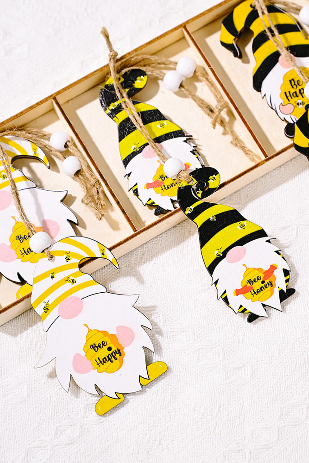 Hanging 3-Pack Bee Themed Wood Gnome Ornaments