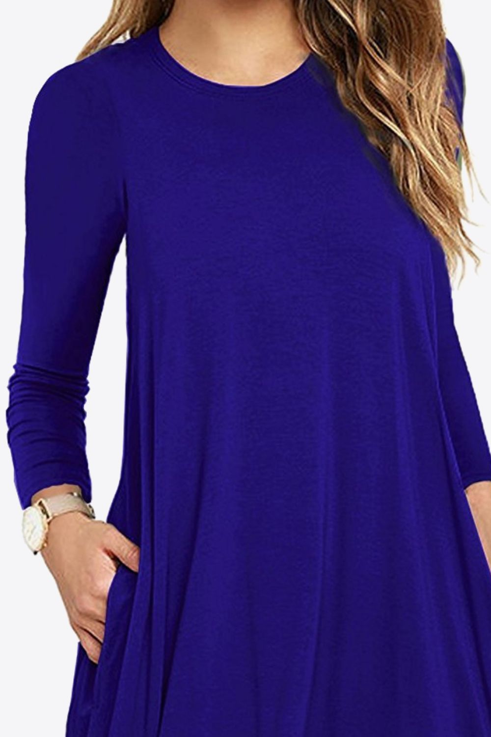 Women's Full Size Agnetha Long-Sleeve Round Neck Dress with Pockets