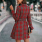 Plaid Tie Front Collared Neck Long Sleeve Dress