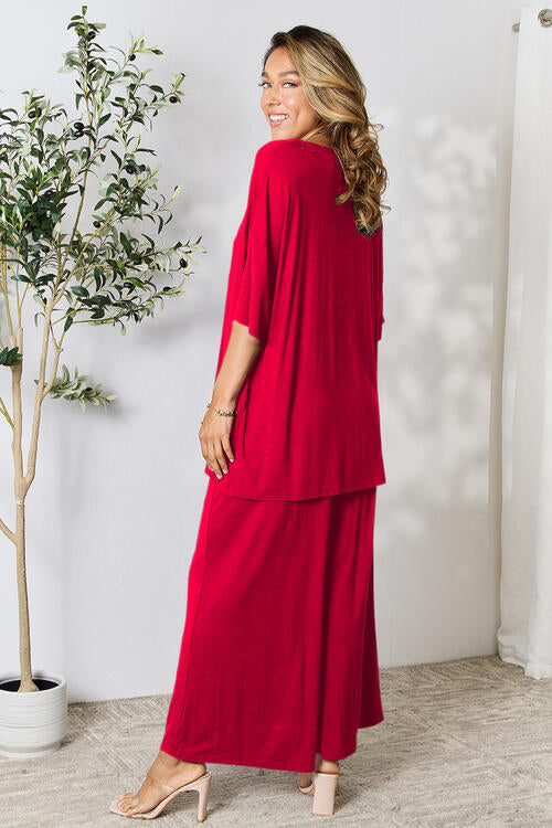 Double Take Full Size Round Neck Slit Top and Pants Set *