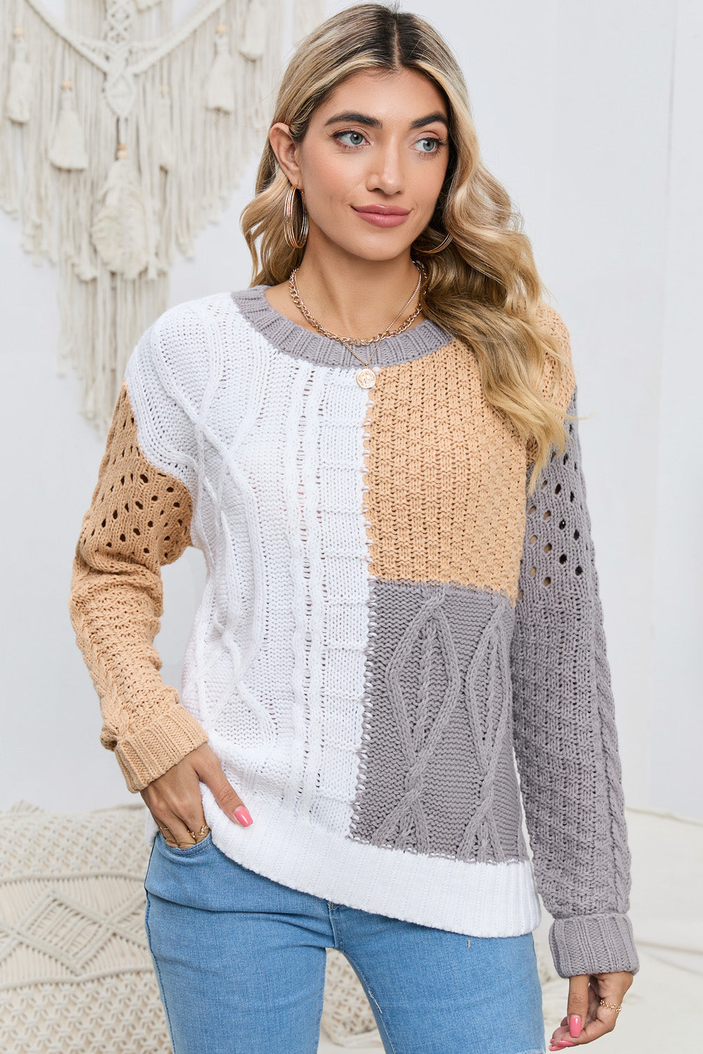 Pretty Mix Cable-Knit Openwork Round Neck Color Block Sweater 🦋