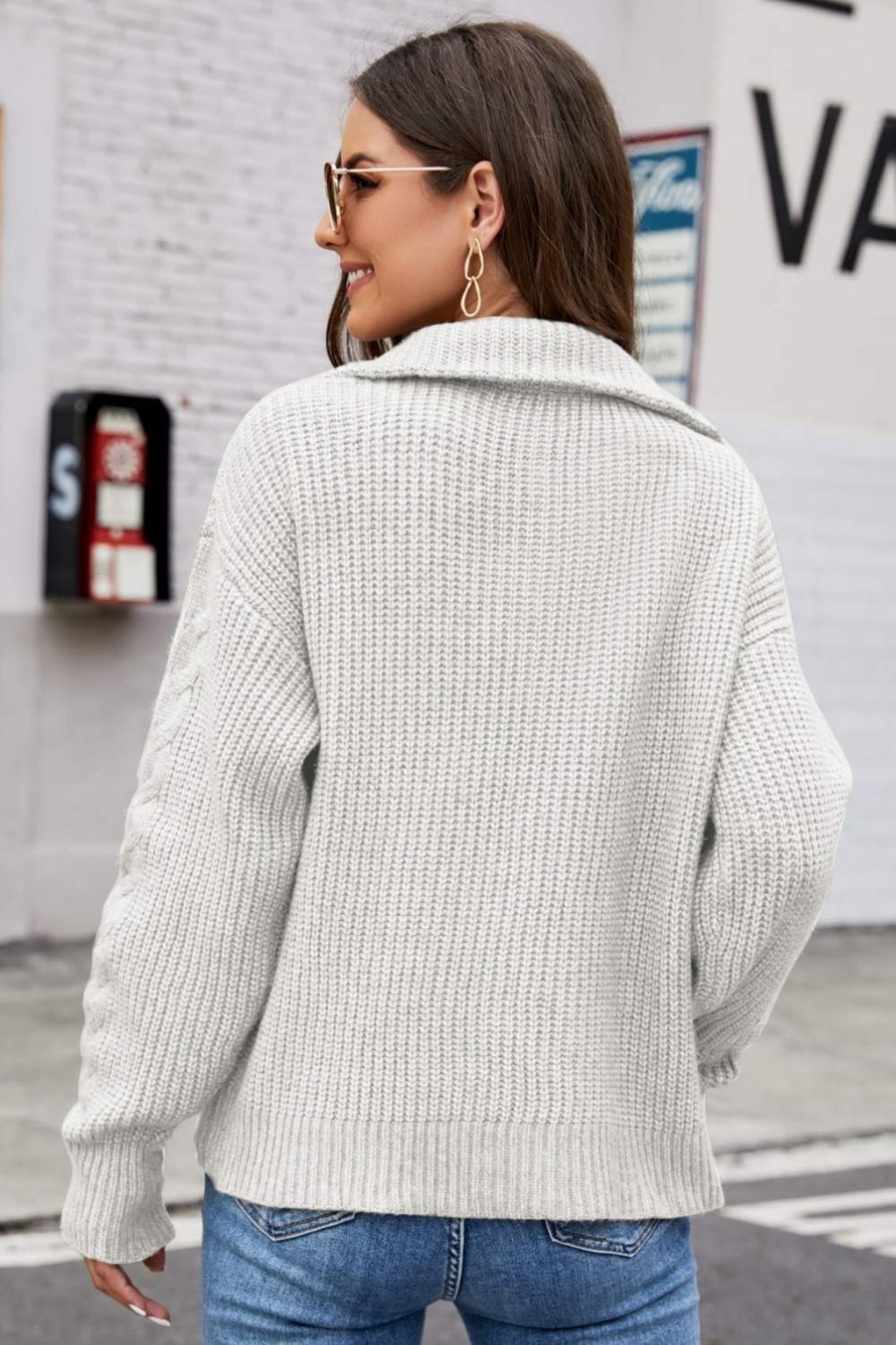 Woven Right Half Zip Mixed Knit Collared Sweater