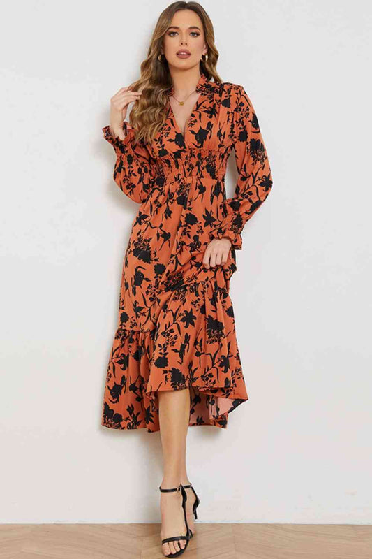 Orange Floral Smocked Long Flounce Sleeve Dress