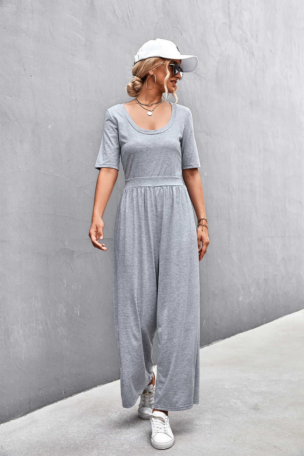 Women's Scoop Neck Half Sleeve Wide Leg Jumpsuit