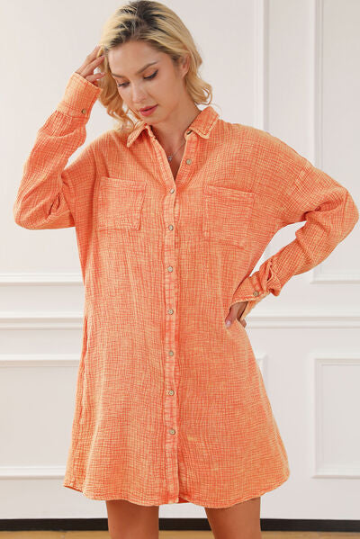 Button Up Collared Neck Pumpkin Orange Dress