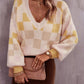 Checkered V-Neck Lantern Sleeve Sweater