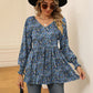 Full Size Printed V-Neck Lantern Sleeve Blouse
