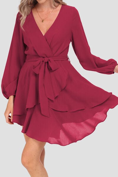 Larissa Bea Tied Surplice Balloon Sleeve Layered Dress