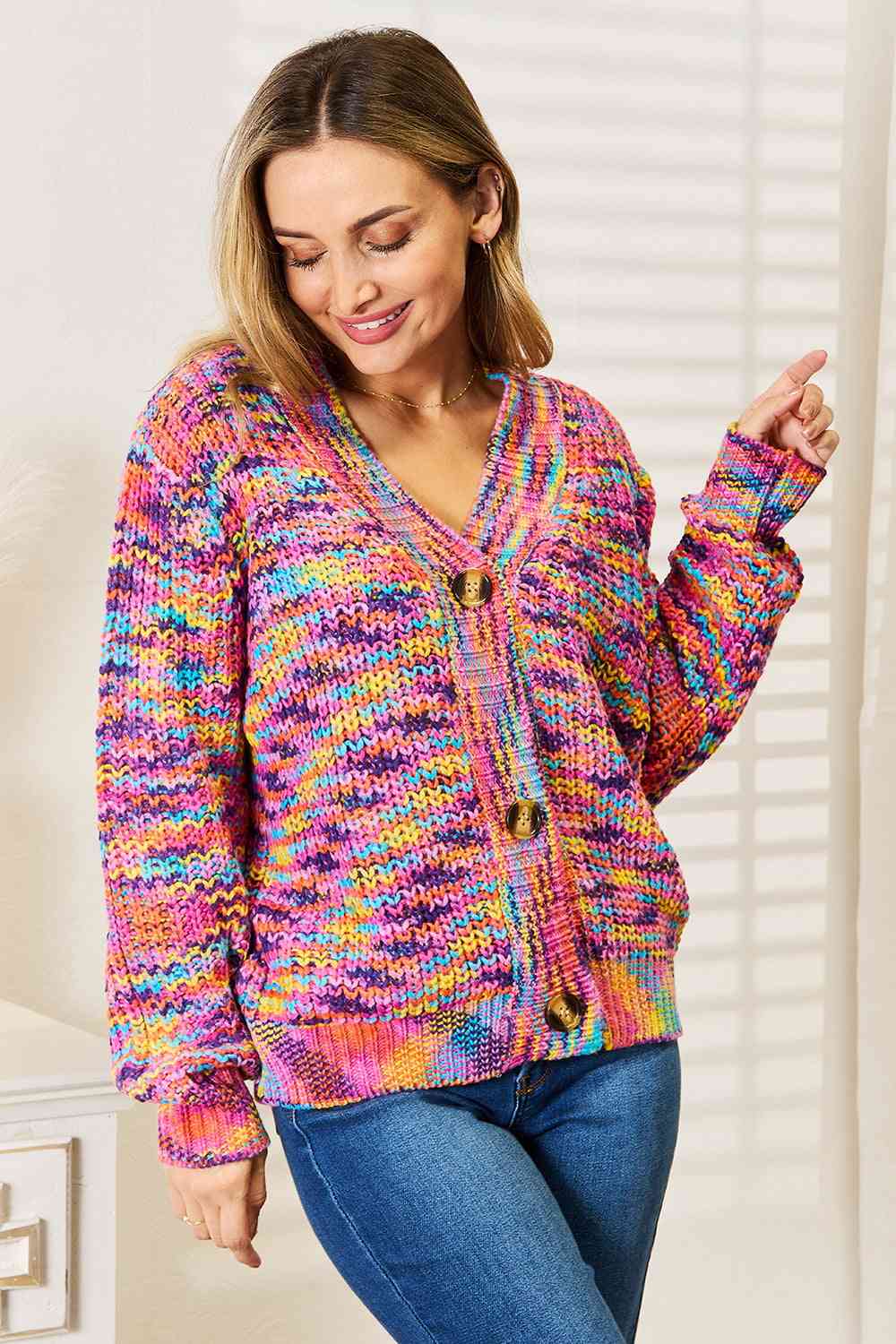 Woven Right V-Neck Long Sleeve Cardigan *