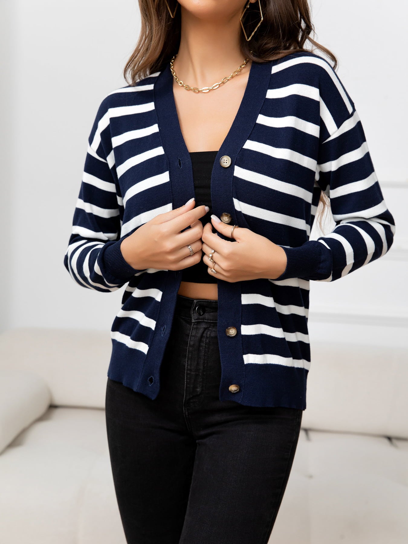 Beauteous Striped Dropped Shoulder V-Neck Knit Top