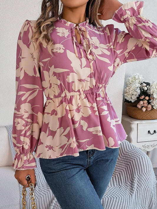 Printed Tie Neck Flounce Sleeve Blouse