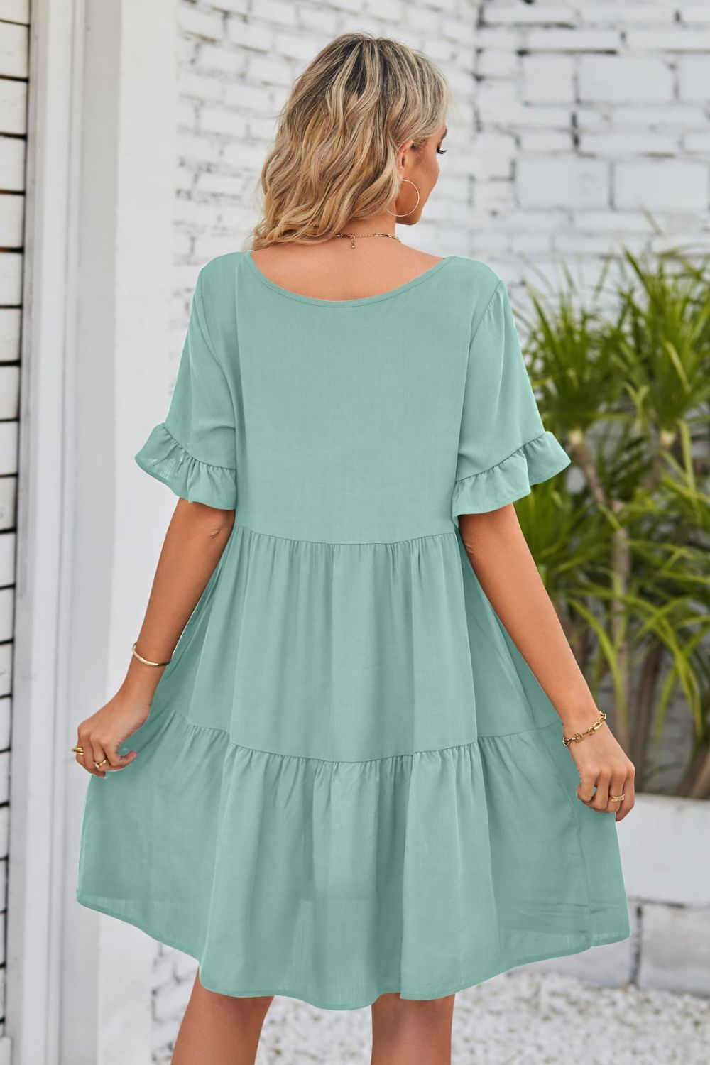 SO BOHO Full Size V-Neck Flounce Sleeve Tiered Dress