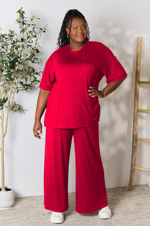 Double Take Full Size Round Neck Slit Top and Pants Set *