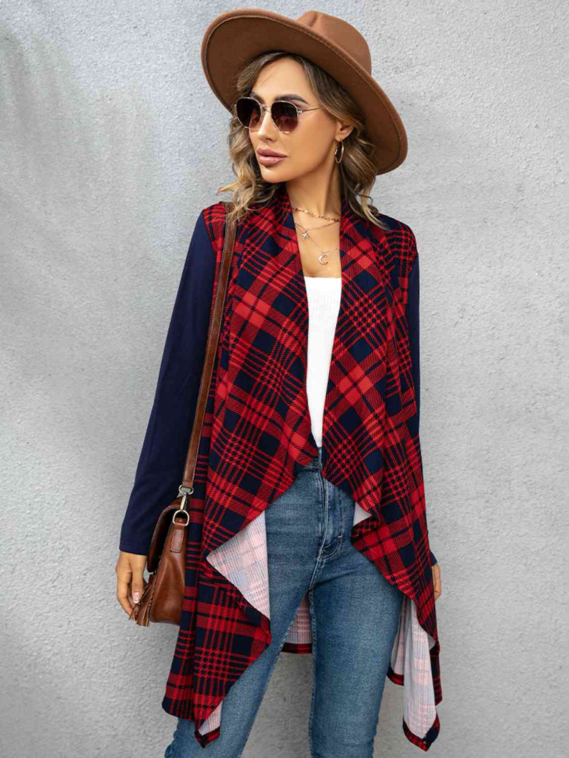 Deep Red Plaid Open Front Cardigan