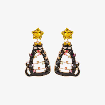 Rhinestone Alloy Christmas Cat Earrings