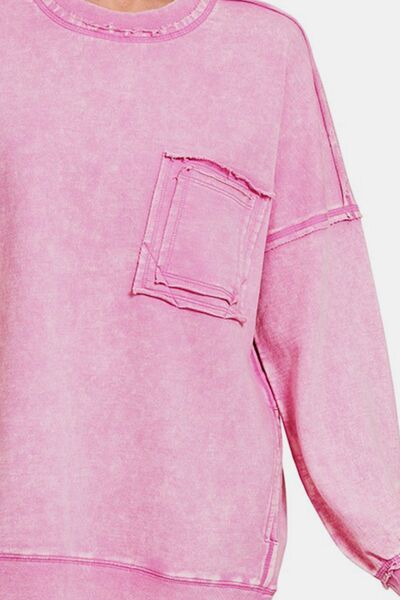 Zenana Exposed Seam Round Neck Dropped Shoulder Sweatshirt - Brand Zenana