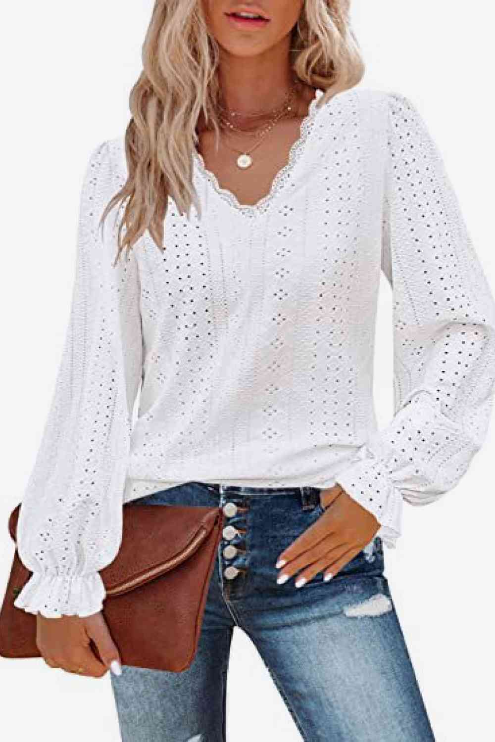 FULL SIZE Eyelet V-Neck Flounce Sleeve Blouse