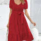 Smocked Tie Front Short Sleeve Tiered Dress