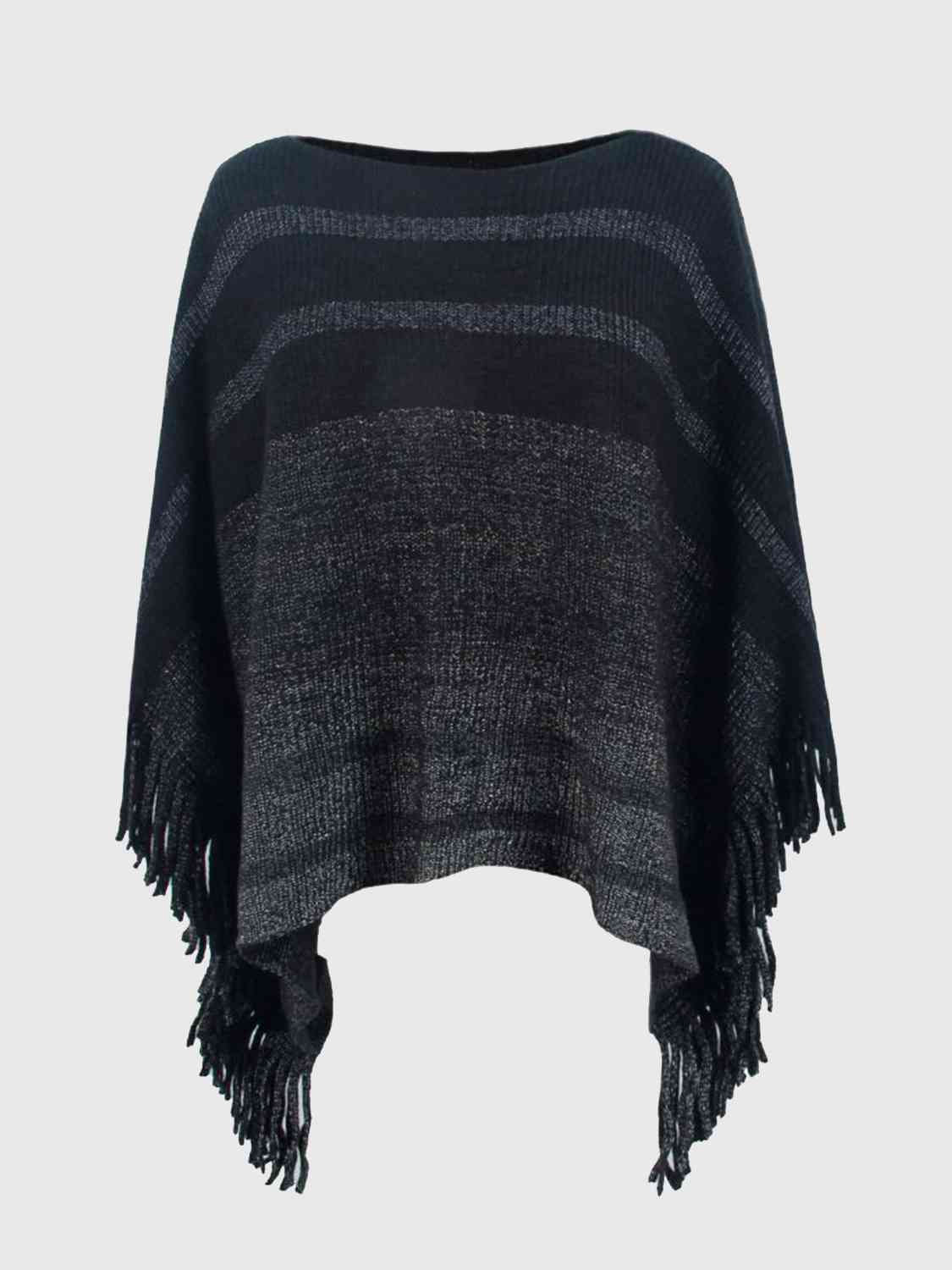 One Size Striped Boat Neck Poncho with Fringes