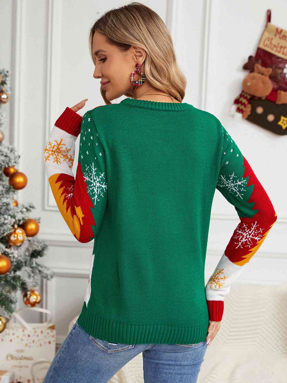 Christmas Themed Printed Round Neck Long Sleeve Sweater