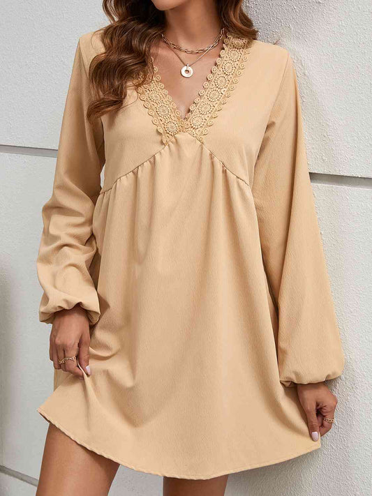 Tan V-Neck Lace Detail Mini Dress